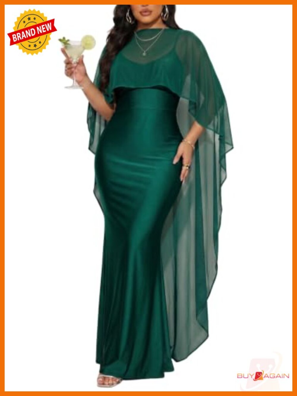 Satin Bodycon Maxi Dress with Sheer Chiffon Cape Formal Wedding Guest